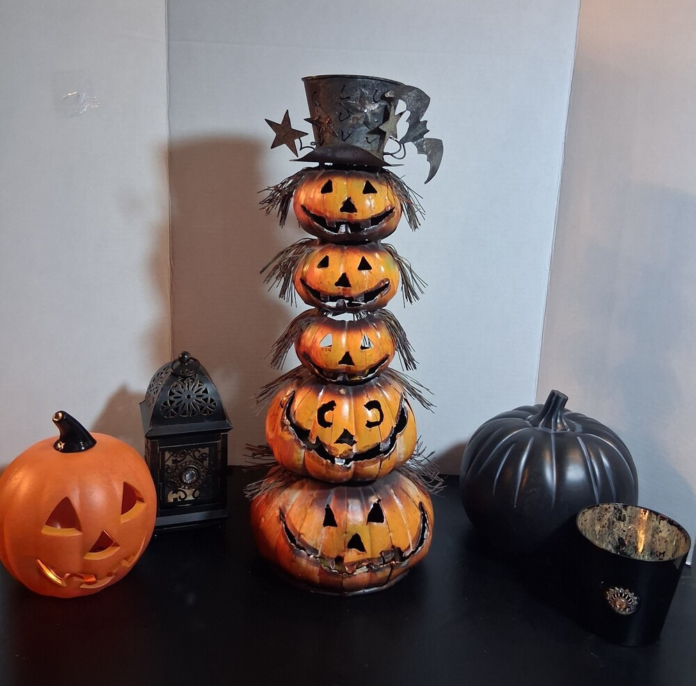 VTG! Metal Stacked Pumpkin Fig. 20"Halloween Jack'O Lantern Top Hat;Fun Folk Art